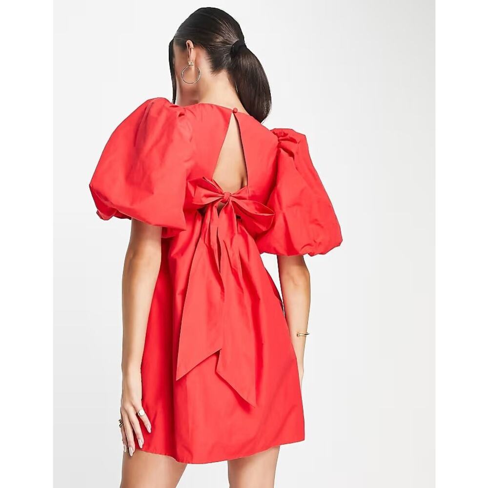 NWT &‎ Other Stories Red Swing Mini Dress 6 Bow Cutout Valentines Puff Sleeve